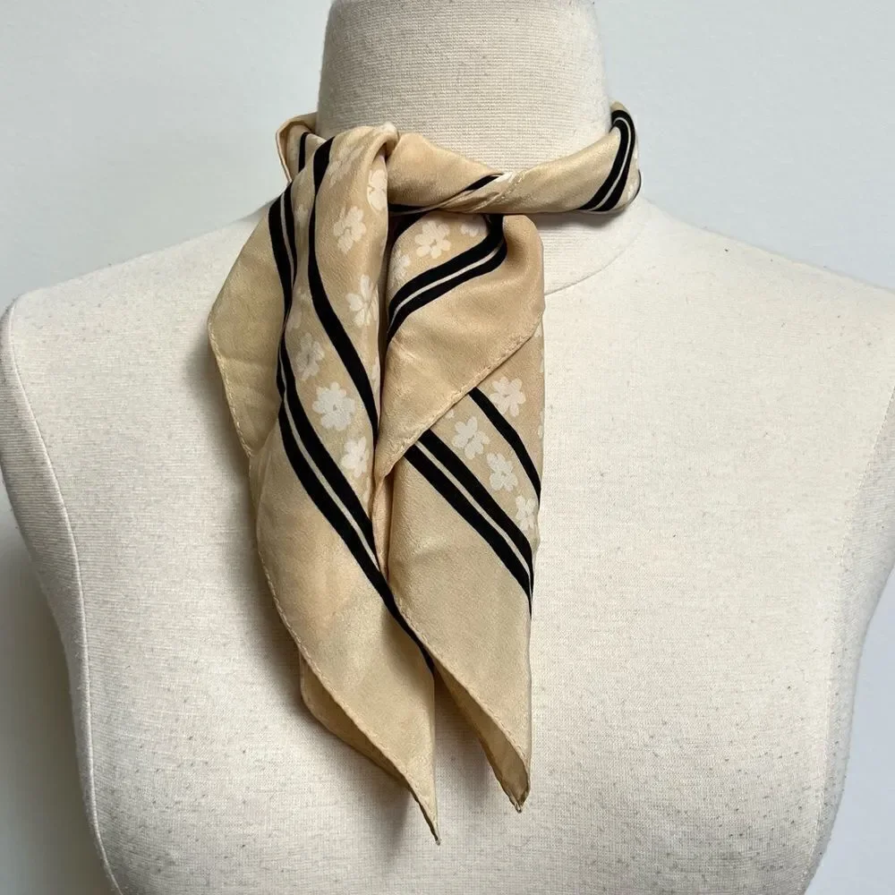 Vintage 90s Talbots 100% Silk Beige White Flower Power Square Scarf